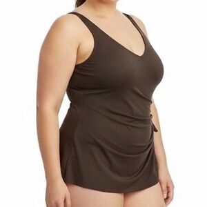 NWT Roxanne Women's Brown V-Neck Sarong One Piece Swimsuit Size 24 Bra Size C